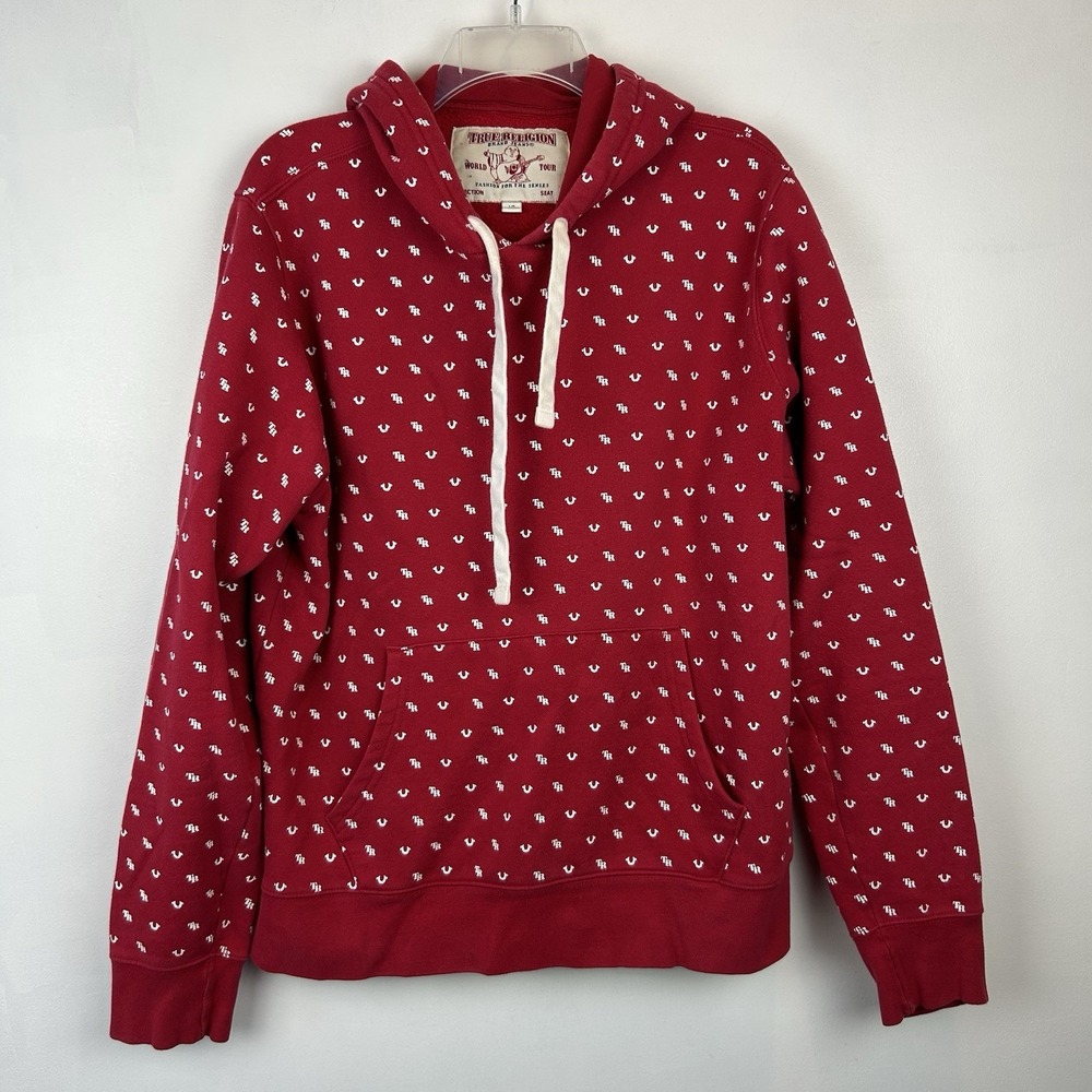 True Religion Hoodie Sweatshirt Men Size Large Monogram Logo All Over Print Red